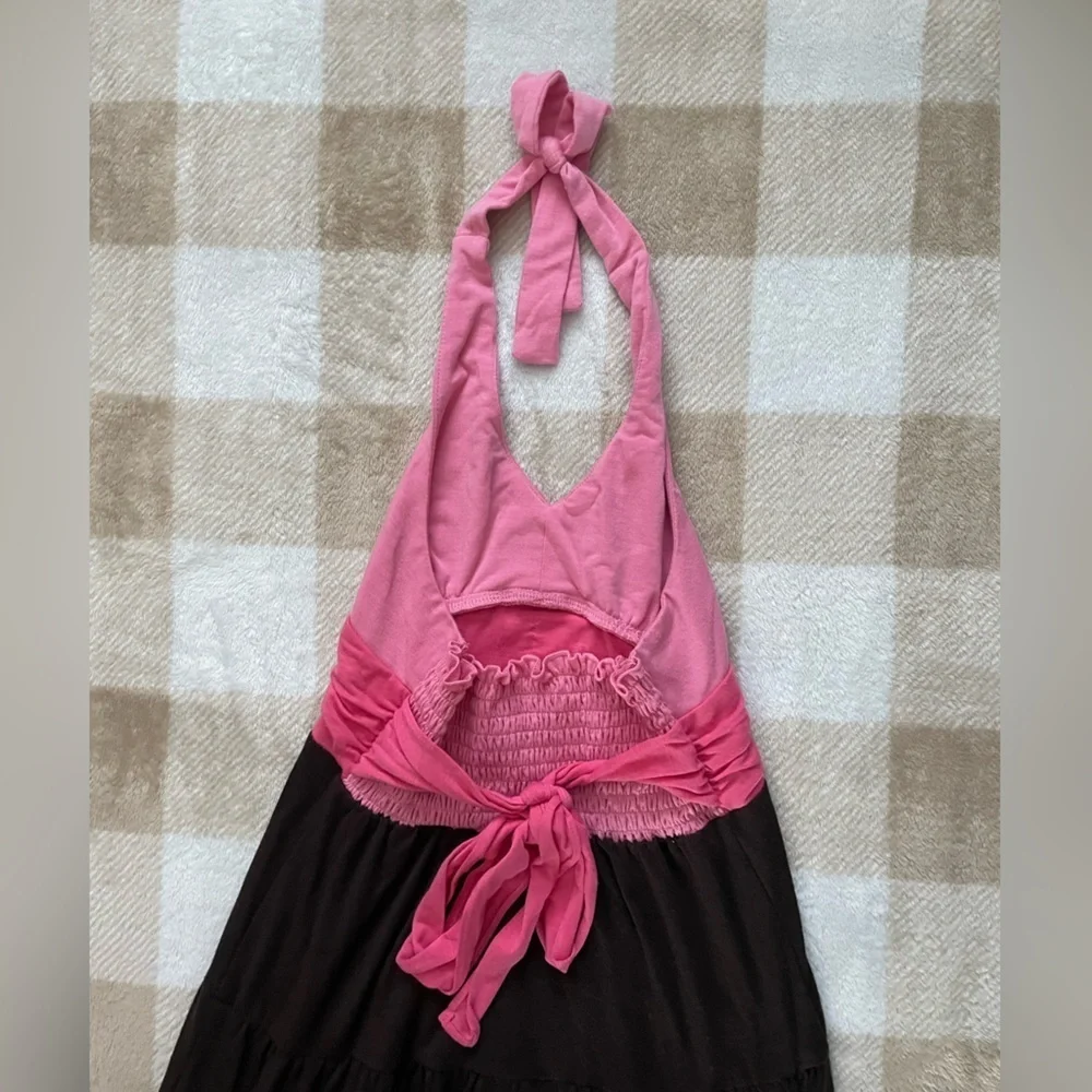 Vintage Hype size 7 Girls Halter Neck Dress Pink and Brown A-Line